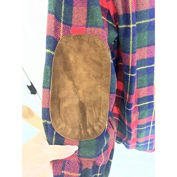 Vintage Chaps Ralph Lauren Mens Large Plaid Wool Shirt Elbow Patches Leather - Picture 10 of 15